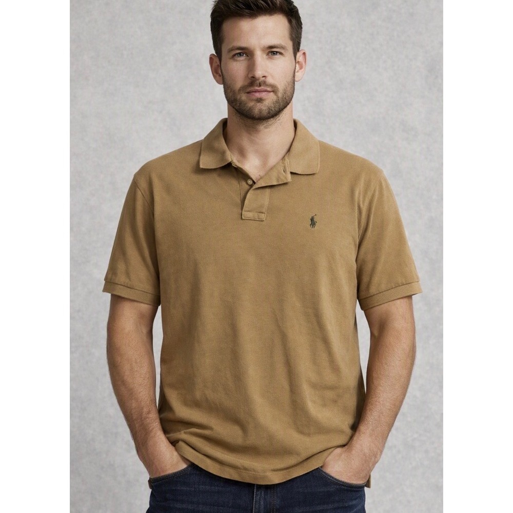 Polo Ralph Lauren Short Sleeve Pique Polo Shirt Tan Brown Medium Classic Fit
